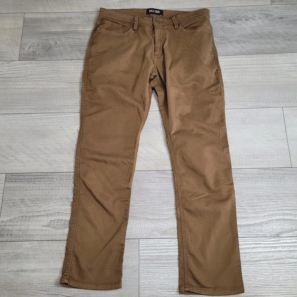 👖DU/ER DUER Pants Mens 34x32 Tan-Camel N2X Relaxed Taper Performance Stretch